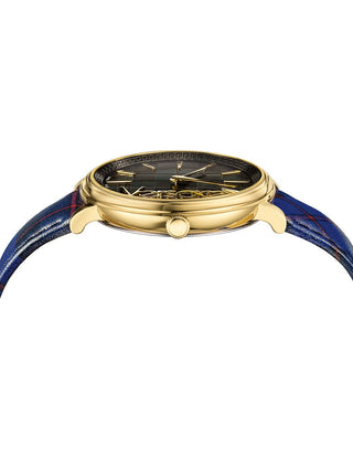 Angle shot of Versace VE8100218 Black Dial Blue Leather Womens Watch on white background