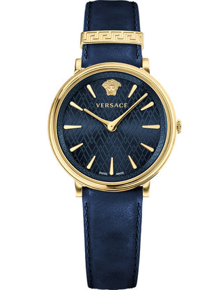 Front view of Versace VE8100419 Blue Leather Womens Watch on white background