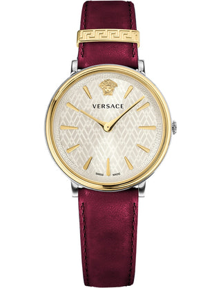Front view of Versace VE8100719 Silver Dial Leather Womens Watch on white background
