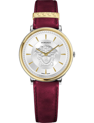 Front view of Versace VE8101819 Silver Dial Leather Womens Watch on white background