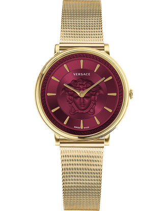 Front view of Versace VE8102419 Red Dial Gold Stainless Steel Womens Watch on white background