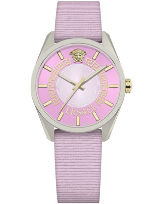 Front view of Versace VE8A00124 Pink Leather Womens Watch on white background