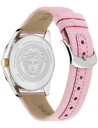 Angle shot of Versace VE8A00124 Pink Leather Womens Watch on white background