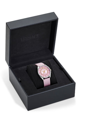 Angle shot of Versace VE8A00124 Pink Leather Womens Watch on white background