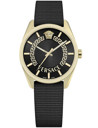 Front view of Versace VE8A00224 Black Leather Womens Watch on white background
