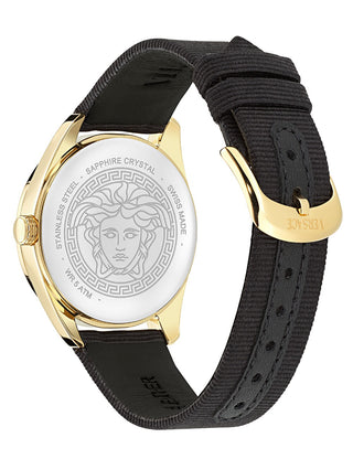 Angle shot of Versace VE8A00224 Black Leather Womens Watch on white background