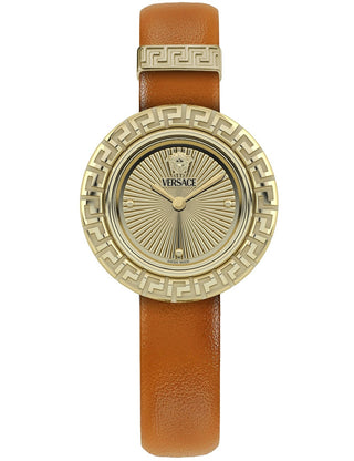 Front view of Versace VE8C00124 Gold Dial Brown Leather Womens Watch on white background