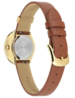 Angle shot of Versace VE8C00124 Gold Dial Brown Leather Womens Watch on white background
