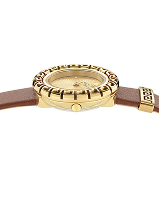 Angle shot of Versace VE8C00124 Gold Dial Brown Leather Womens Watch on white background