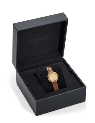 Angle shot of Versace VE8C00124 Gold Dial Brown Leather Womens Watch on white background