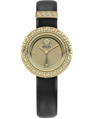 Front view of Versace VE8C00224 Gold Dial Black Leather Womens Watch on white background