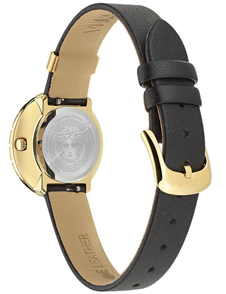Angle shot of Versace VE8C00224 Gold Dial Black Leather Womens Watch on white background