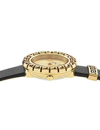 Angle shot of Versace VE8C00224 Gold Dial Black Leather Womens Watch on white background