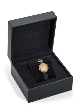 Angle shot of Versace VE8C00224 Gold Dial Black Leather Womens Watch on white background