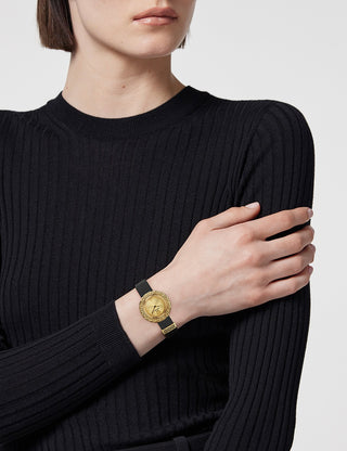 Angle shot of Versace VE8C00224 Gold Dial Black Leather Womens Watch on white background