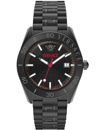 Front view of Versace VE8E00724 Black Dial Silver Stainless Steel Unisex Watch on white background