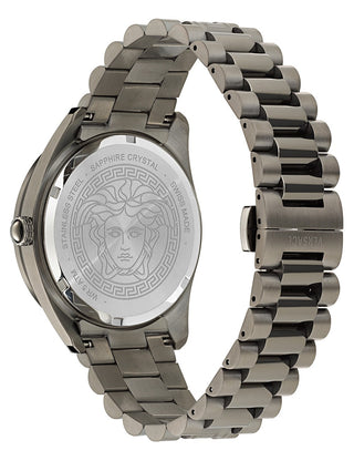 Angle shot of Versace VE8E00724 Black Dial Silver Stainless Steel Unisex Watch on white background