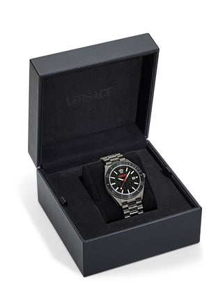 Angle shot of Versace VE8E00724 Black Dial Silver Stainless Steel Unisex Watch on white background