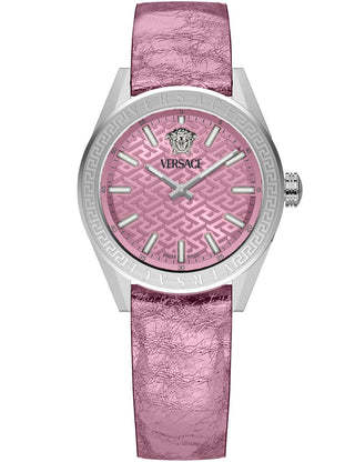 Front view of Versace VE8I00124 Pink Leather Womens Watch on white background