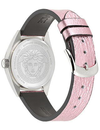 Angle shot of Versace VE8I00124 Pink Leather Womens Watch on white background
