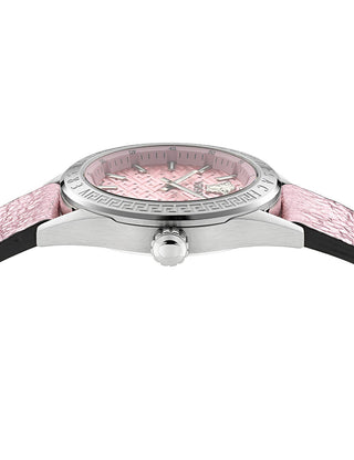 Angle shot of Versace VE8I00124 Pink Leather Womens Watch on white background
