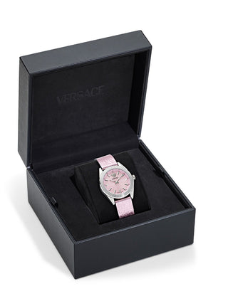Angle shot of Versace VE8I00124 Pink Leather Womens Watch on white background