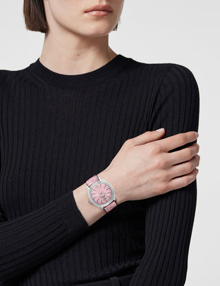 Angle shot of Versace VE8I00124 Pink Leather Womens Watch on white background