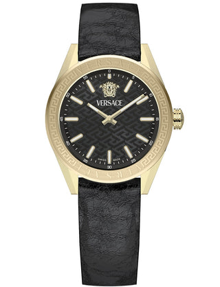 Front view of Versace VE8I00224 Black Leather Womens Watch on white background