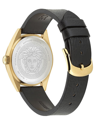Angle shot of Versace VE8I00224 Black Leather Womens Watch on white background