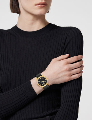 Angle shot of Versace VE8I00224 Black Leather Womens Watch on white background