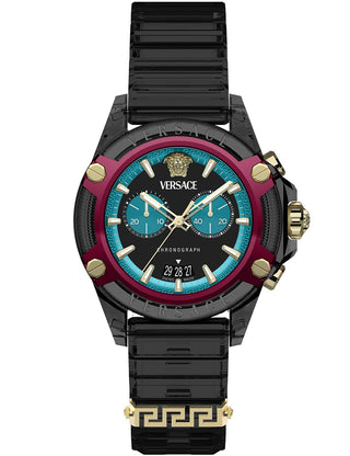 Front view of Versace Chronograph VE8P00224 Black Dial Brown Plastic Unisex Watch on white background