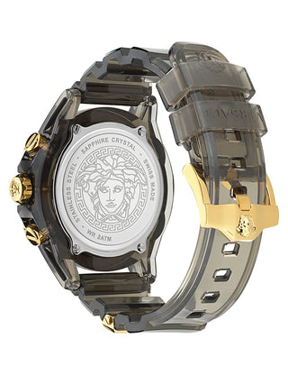 Angle shot of Versace Chronograph VE8P00224 Black Dial Brown Plastic Unisex Watch on white background