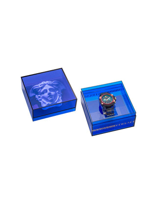 Angle shot of Versace Chronograph VE8P00224 Black Dial Brown Plastic Unisex Watch on white background
