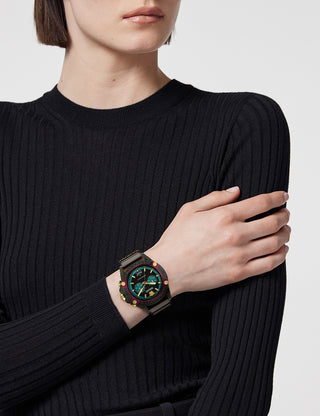 Angle shot of Versace Chronograph VE8P00224 Black Dial Brown Plastic Unisex Watch on white background