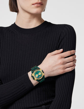 Angle shot of Versace Chronograph VE8P00324 Black Plastic Unisex Watch on white background