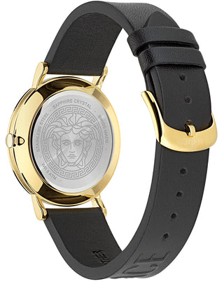 Angle shot of Versace VE8Q00224 Black Leather Womens Watch on white background