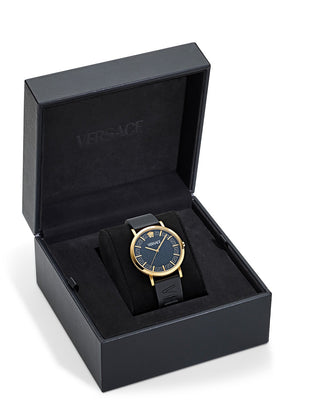 Angle shot of Versace VE8Q00224 Black Leather Womens Watch on white background