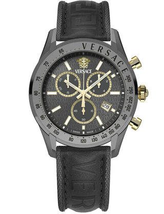 Front view of Versace Chronograph VE8R00124 Grey Leather Unisex Watch on white background