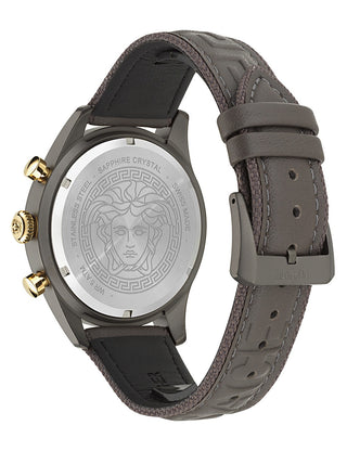 Angle shot of Versace Chronograph VE8R00124 Grey Leather Unisex Watch on white background