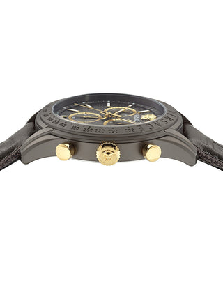 Angle shot of Versace Chronograph VE8R00124 Grey Leather Unisex Watch on white background