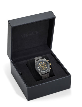 Angle shot of Versace Chronograph VE8R00124 Grey Leather Unisex Watch on white background