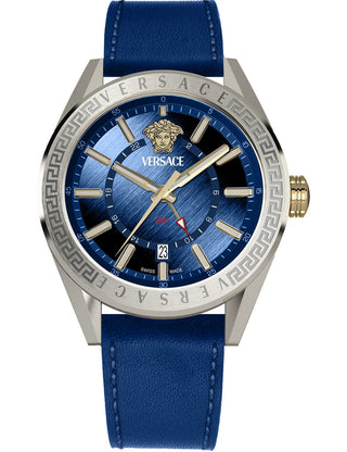 Front view of Versace VEAFA0124 Blue Leather Unisex Watch on white background