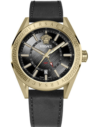 Front view of Versace VEAFA0224 Black Leather Unisex Watch on white background