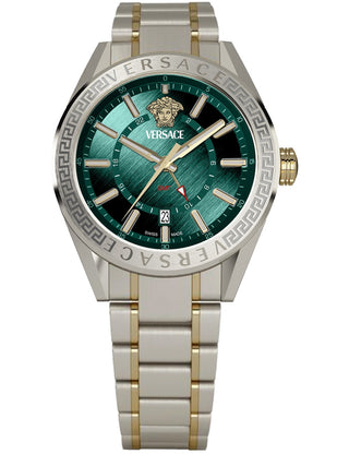 Front view of Versace VEAFA0524 Green Dial Gold Stainless Steel Unisex Watch on white background