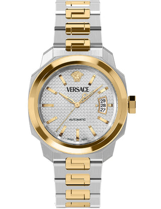 Front view of Versace VEAG00624 White Dial Gold Stainless Steel Unisex Watch on white background