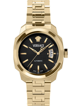 Front view of Versace VEAG00824 Black Dial Gold Stainless Steel Unisex Watch on white background
