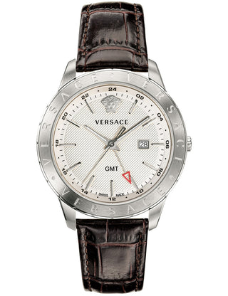 Front view of Versace VEBK00118 Silver Dial Black Leather Unisex Watch on white background