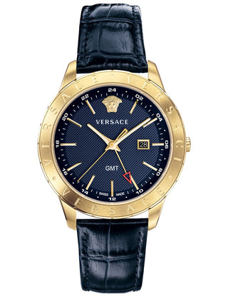 Front view of Versace VEBK00318 Black Leather Unisex Watch on white background
