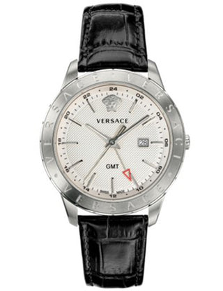 Front view of Versace VEBK00918 Silver Dial Black Leather Unisex Watch on white background