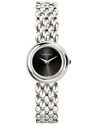 Front view of Versace VEBN00618 Blue Dial Silver Stainless Steel Womens Watch on white background